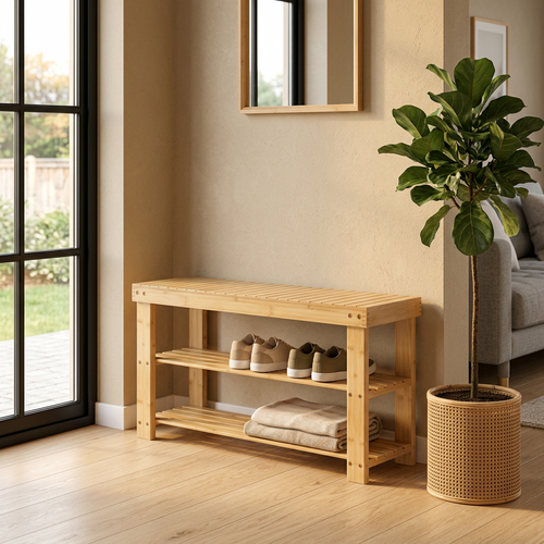 Natural bamboo shoe bench in a bright entryway with sneakers and folded towels
