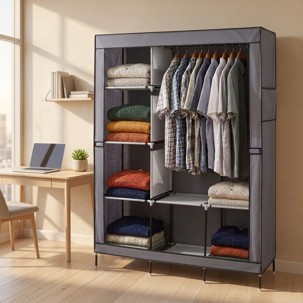 Gray portable fabric closet in a bright home office with shirts and folded sweaters