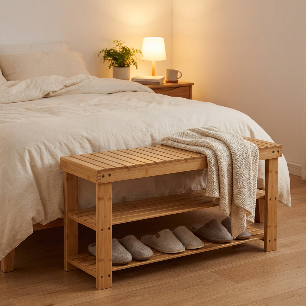 Natural bamboo shoe bench used in a bedroom