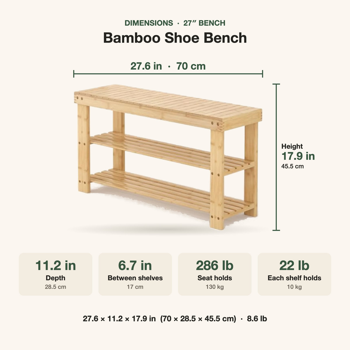 27 in Bamboo Shoe Bench dimensions: 27.6 x 11.2 x 17.9 in, 8.6 lb