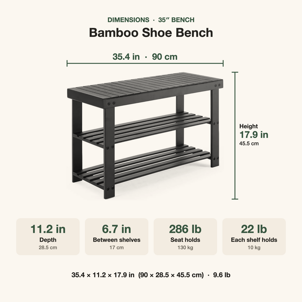 35 in Bamboo Shoe Bench dimensions: 35.4 x 11.2 x 17.9 in, 9.6 lb