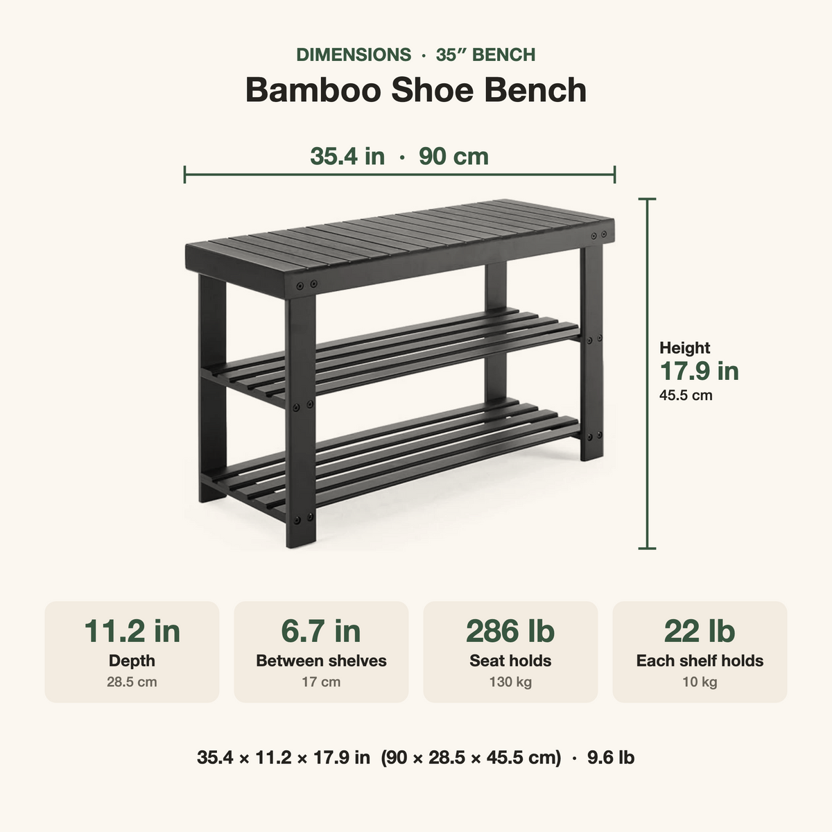 35 in Bamboo Shoe Bench dimensions: 35.4 x 11.2 x 17.9 in, 9.6 lb