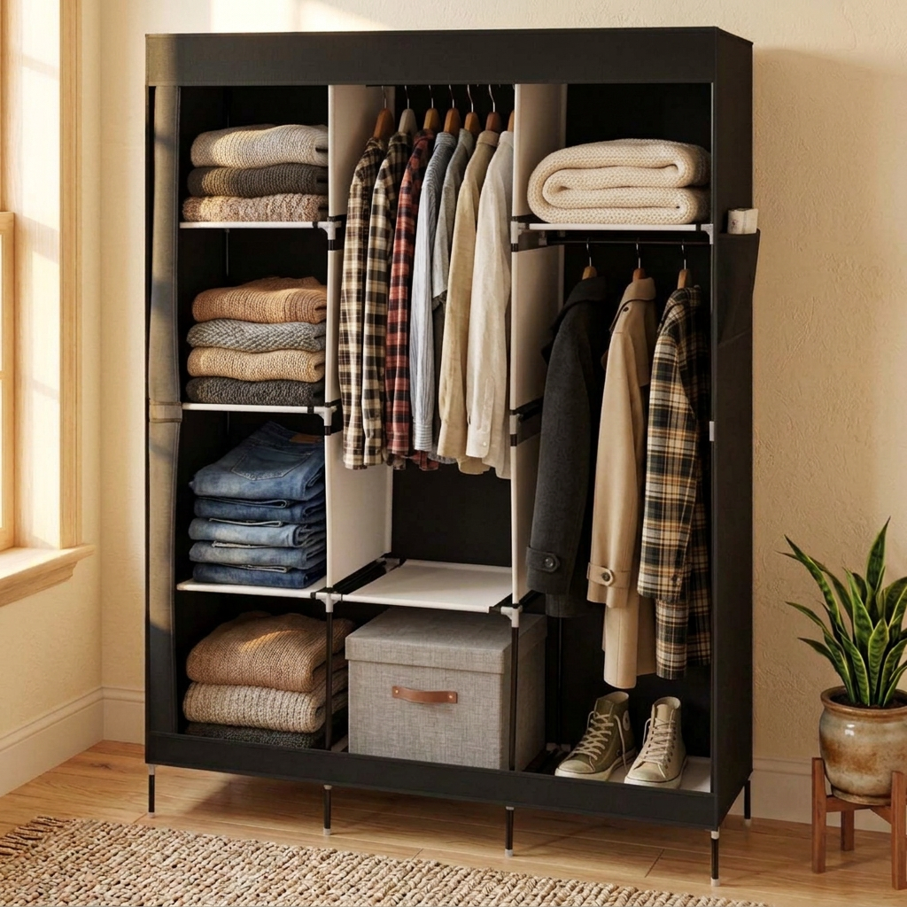 Black portable fabric closet in a bedroom with shirts, coats and folded clothes