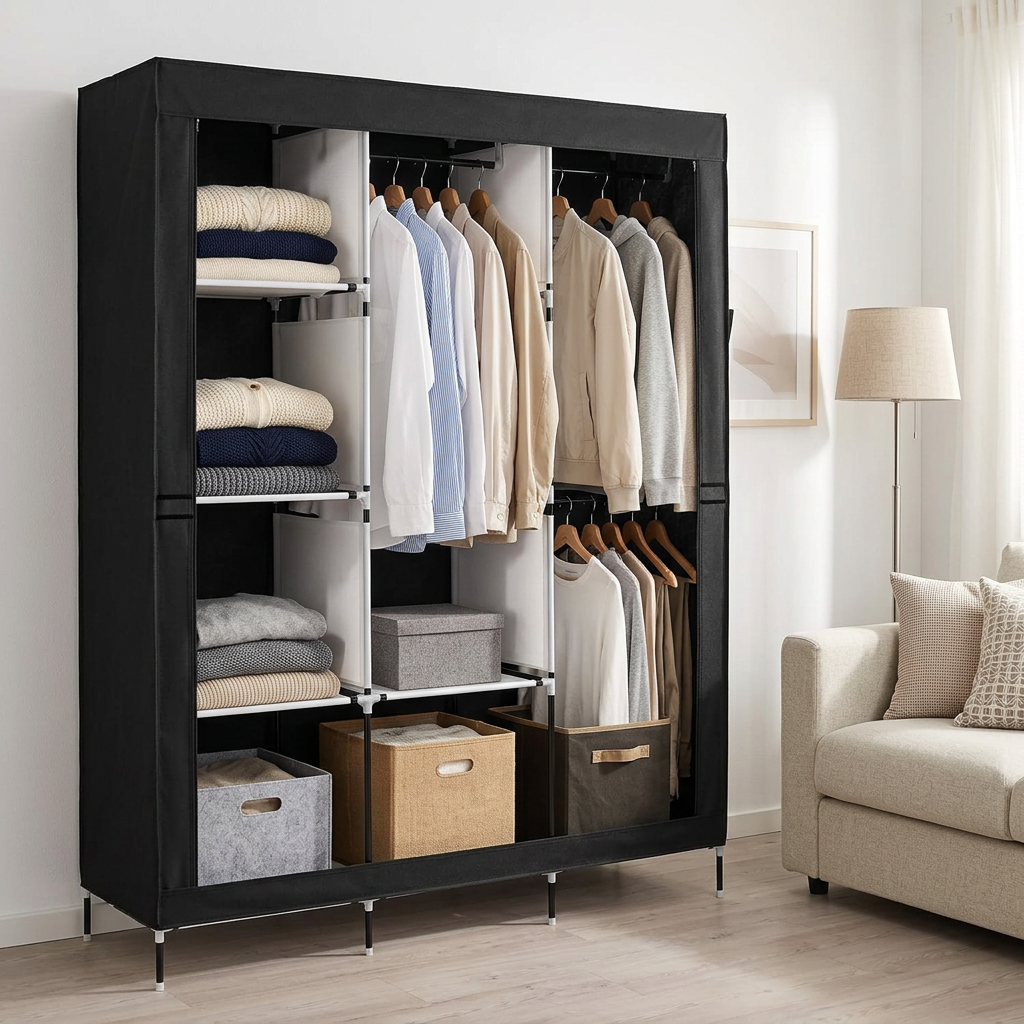 Black portable fabric closet in a bright studio apartment with hanging shirts and folded sweaters