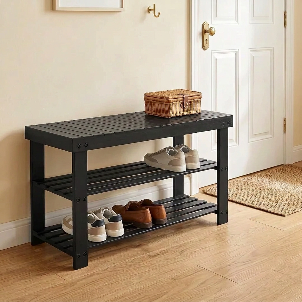 Black bamboo shoe bench in an entryway with shoes and a basket on the shelves