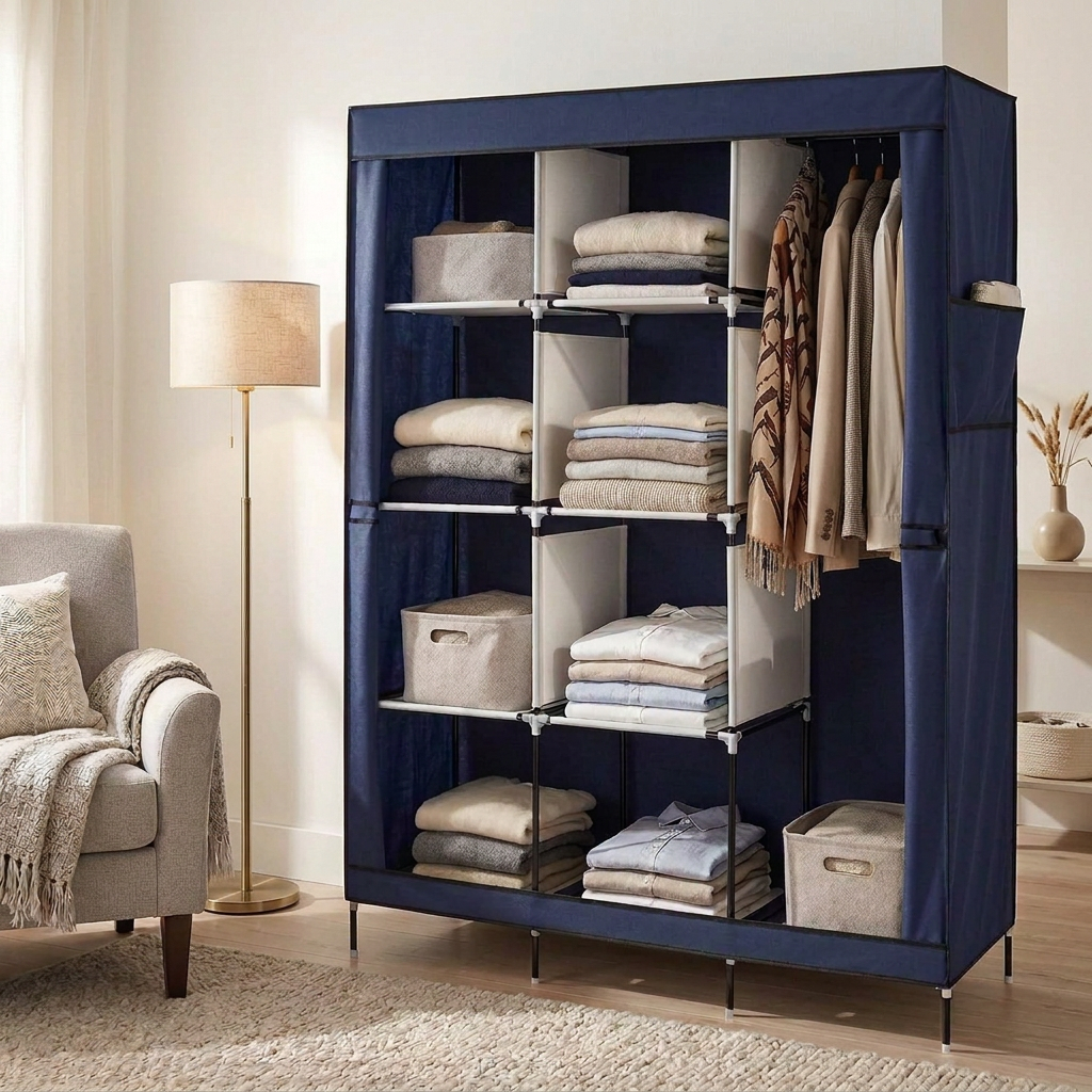 Navy portable fabric closet in a cozy living room with folded clothes, coats and storage bins