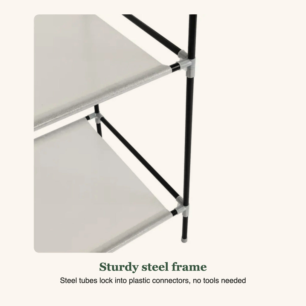 Close-up of the closet's steel tubes and plastic connectors